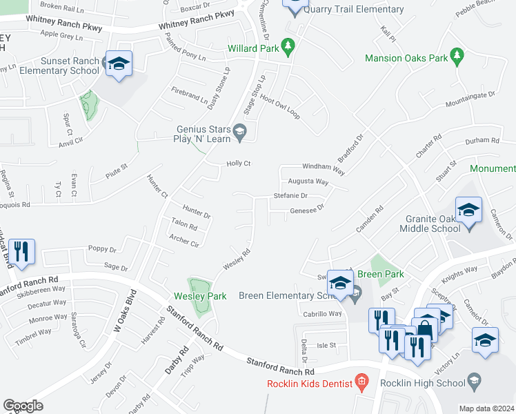 map of restaurants, bars, coffee shops, grocery stores, and more near 5305 Wesley Road in Rocklin