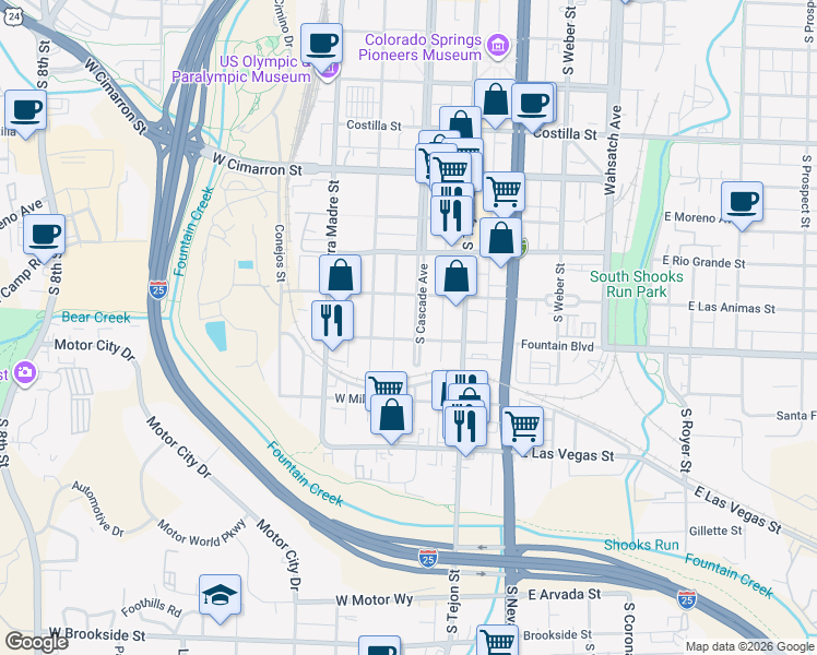 map of restaurants, bars, coffee shops, grocery stores, and more near 901 South Cascade Avenue in Colorado Springs