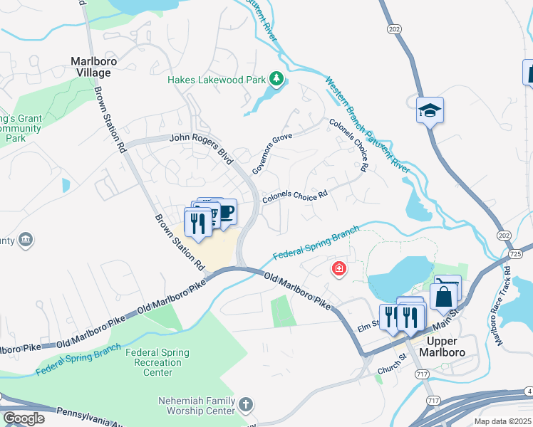 map of restaurants, bars, coffee shops, grocery stores, and more near 14523 Hampshire Hall Court in Upper Marlboro