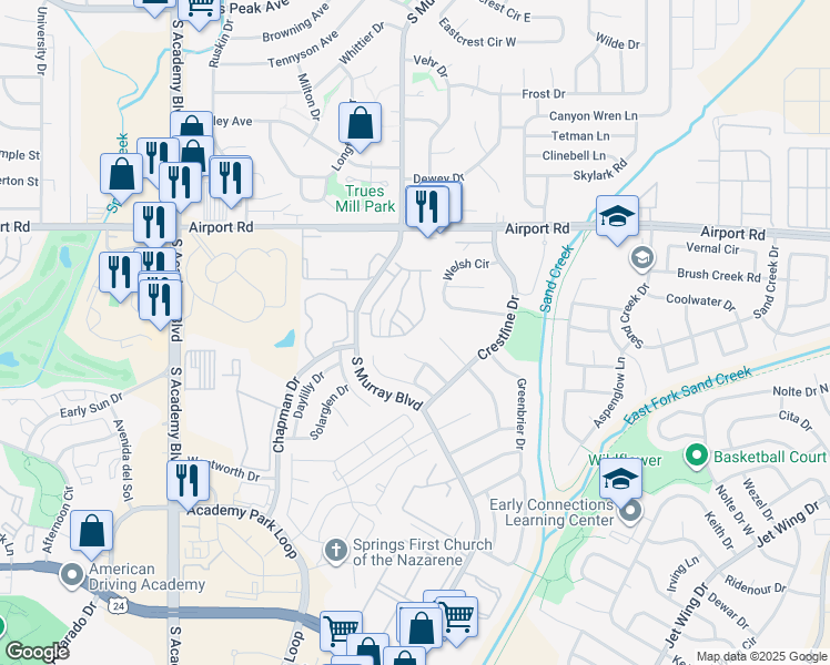 map of restaurants, bars, coffee shops, grocery stores, and more near 4234 Grassy Court in Colorado Springs