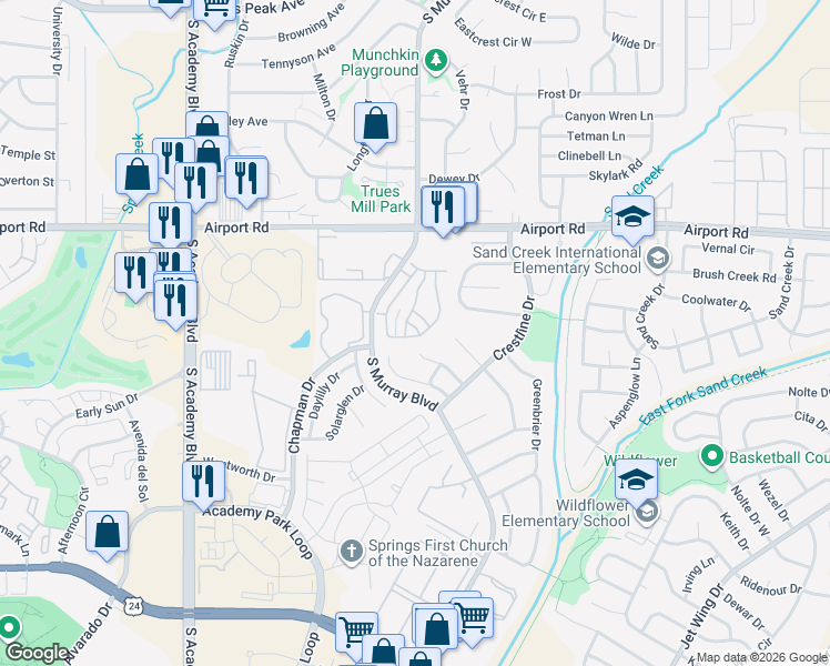 map of restaurants, bars, coffee shops, grocery stores, and more near 4130 Solarface Court in Colorado Springs