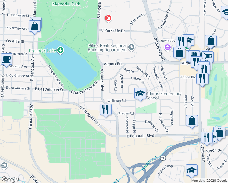 map of restaurants, bars, coffee shops, grocery stores, and more near 1822 Whitman Road in Colorado Springs