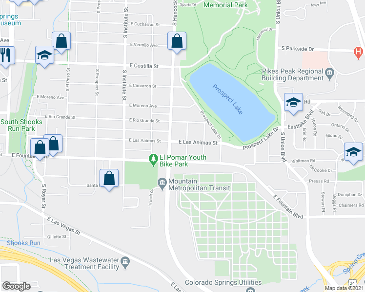 map of restaurants, bars, coffee shops, grocery stores, and more near 1116 East Fountain Boulevard in Colorado Springs