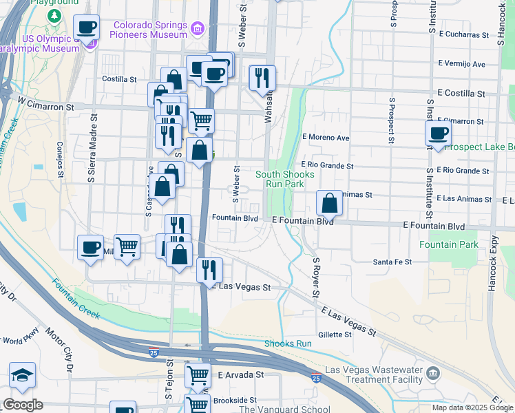 map of restaurants, bars, coffee shops, grocery stores, and more near in Colorado Springs