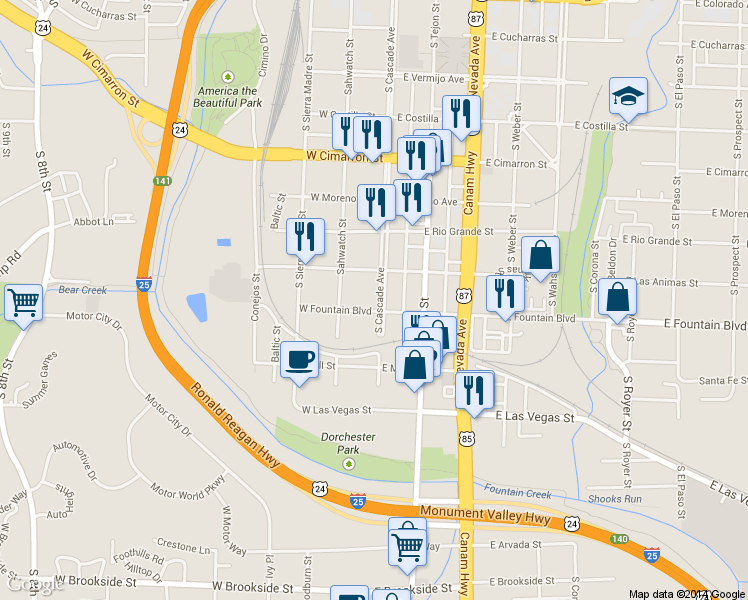 map of restaurants, bars, coffee shops, grocery stores, and more near 901 South Cascade Avenue in Colorado Springs