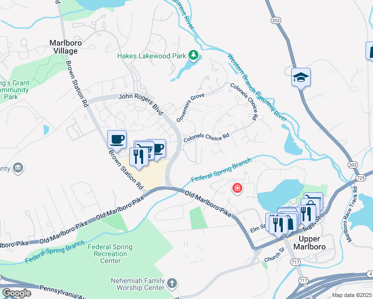 map of restaurants, bars, coffee shops, grocery stores, and more near 14523 Hampshire Hall Court in Upper Marlboro