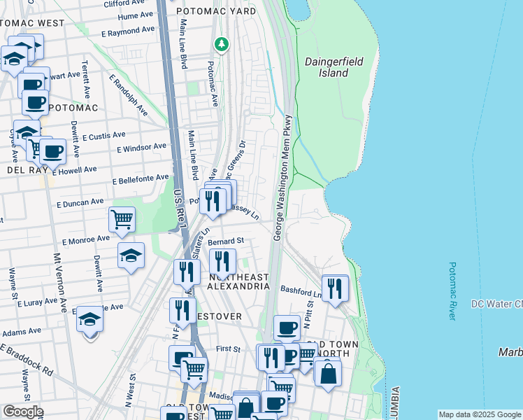 map of restaurants, bars, coffee shops, grocery stores, and more near 1606 West Abingdon Drive in Alexandria