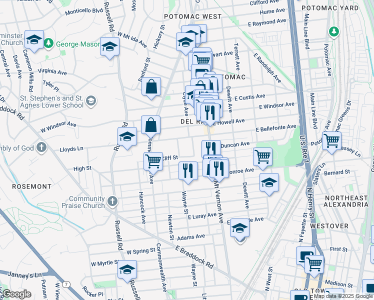 map of restaurants, bars, coffee shops, grocery stores, and more near 1731 North Cliff Street in Alexandria