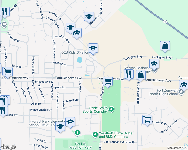 map of restaurants, bars, coffee shops, grocery stores, and more near Home Villa Loop in O'Fallon