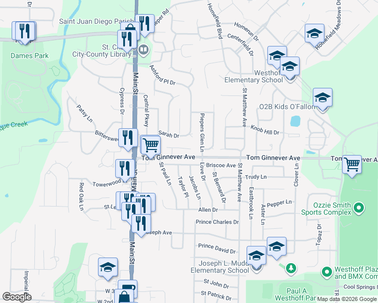 map of restaurants, bars, coffee shops, grocery stores, and more near 411 Briscoe Avenue in O'Fallon