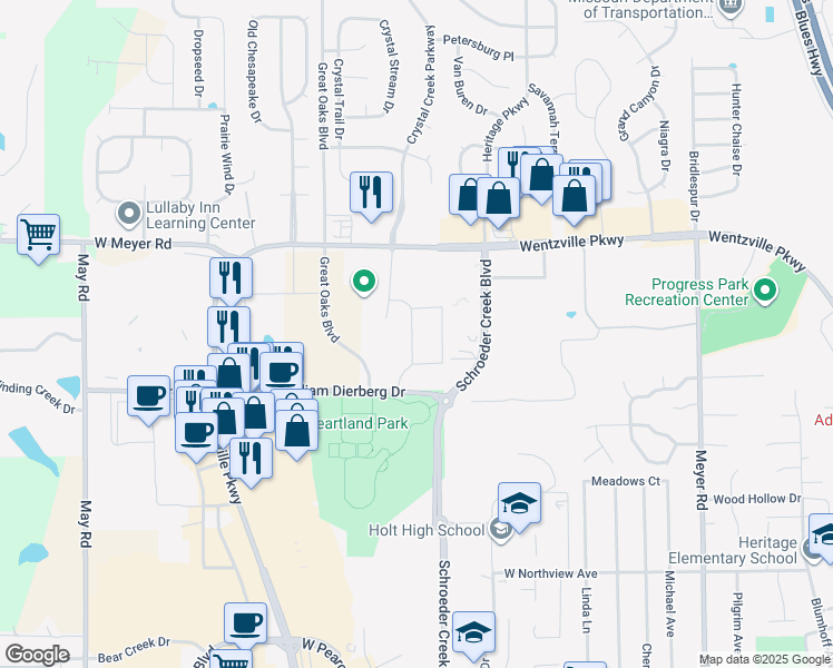 map of restaurants, bars, coffee shops, grocery stores, and more near 10 Cox Lane in Wentzville