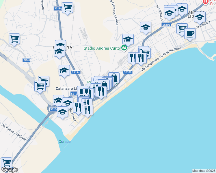 map of restaurants, bars, coffee shops, grocery stores, and more near Via Lungomare Stefano Pugliese in Catanzaro