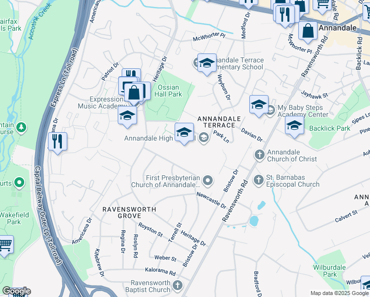 map of restaurants, bars, coffee shops, grocery stores, and more near 4700 Medford Drive in Annandale