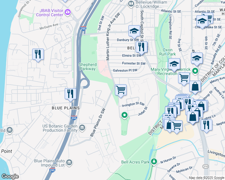 map of restaurants, bars, coffee shops, grocery stores, and more near 4665 Blue Plains Drive Southwest in Washington