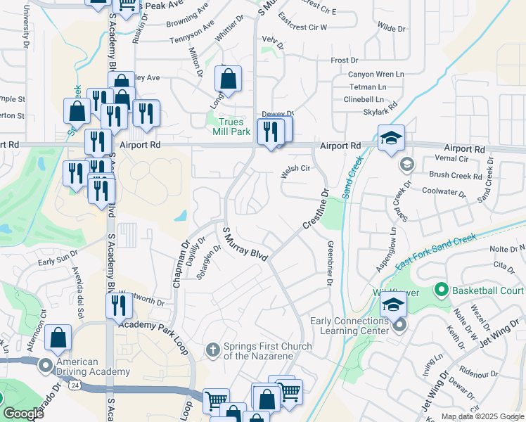 map of restaurants, bars, coffee shops, grocery stores, and more near 4234 Grassy Court in Colorado Springs