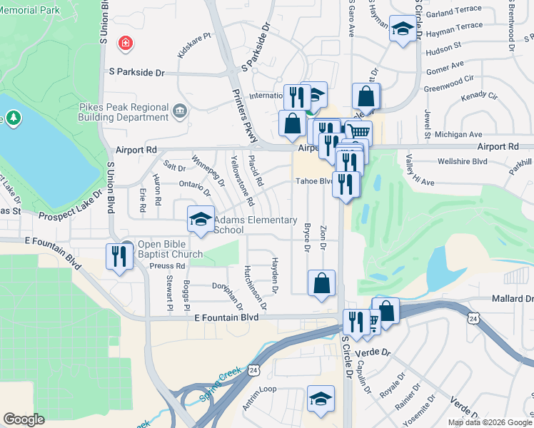 map of restaurants, bars, coffee shops, grocery stores, and more near 719 Winnepeg Drive in Colorado Springs