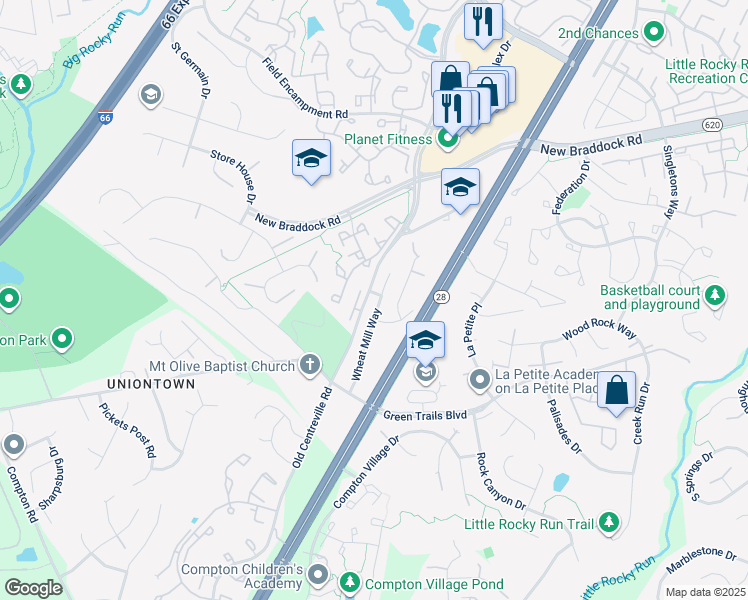 map of restaurants, bars, coffee shops, grocery stores, and more near 6514 Wheat Mill Way in Centreville