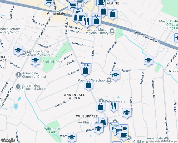 map of restaurants, bars, coffee shops, grocery stores, and more near 4720 Exeter Street in Annandale