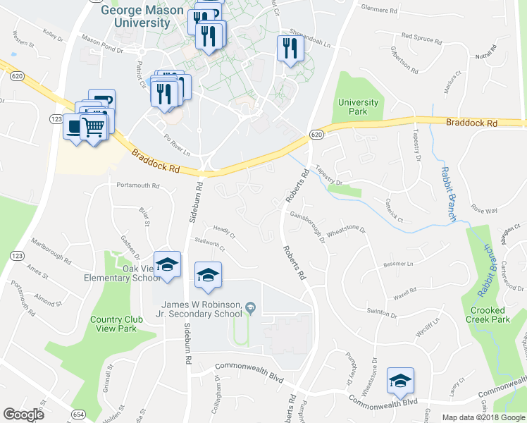map of restaurants, bars, coffee shops, grocery stores, and more near 4779 Gainsborough Drive in Fairfax