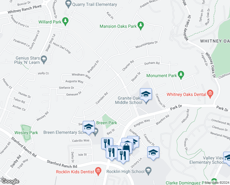 map of restaurants, bars, coffee shops, grocery stores, and more near 5042 Concord Road in Rocklin