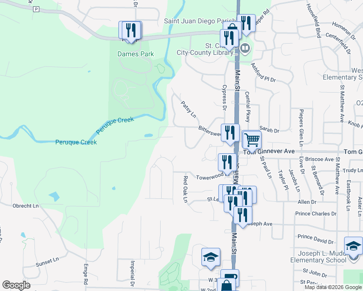 map of restaurants, bars, coffee shops, grocery stores, and more near 2 Hattie Drive in O'Fallon