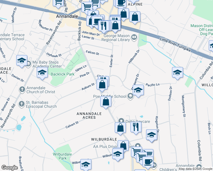 map of restaurants, bars, coffee shops, grocery stores, and more near 4720 Exeter Street in Annandale