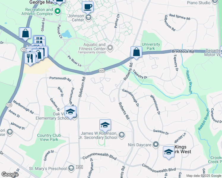 map of restaurants, bars, coffee shops, grocery stores, and more near 4779 Gainsborough Drive in Fairfax