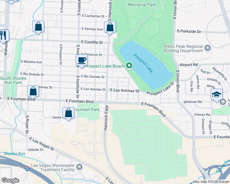 map of restaurants, bars, coffee shops, grocery stores, and more near 1116 East Fountain Boulevard in Colorado Springs
