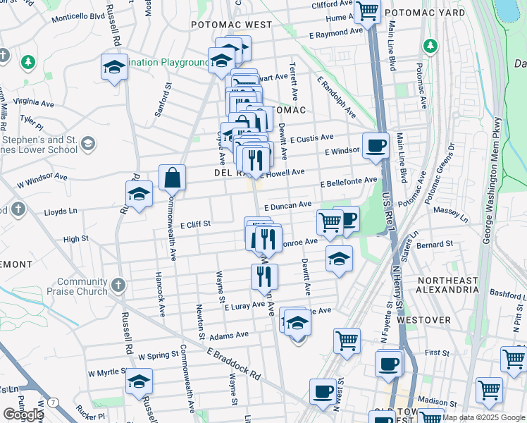 map of restaurants, bars, coffee shops, grocery stores, and more near 203 East Duncan Avenue in Alexandria