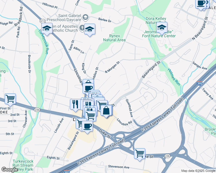 map of restaurants, bars, coffee shops, grocery stores, and more near 4636 Barnum Lane in Alexandria