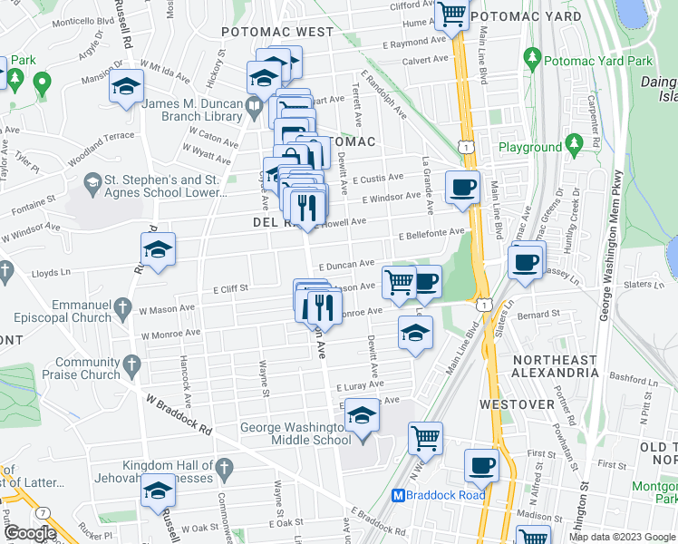 map of restaurants, bars, coffee shops, grocery stores, and more near 215 East Duncan Avenue in Alexandria