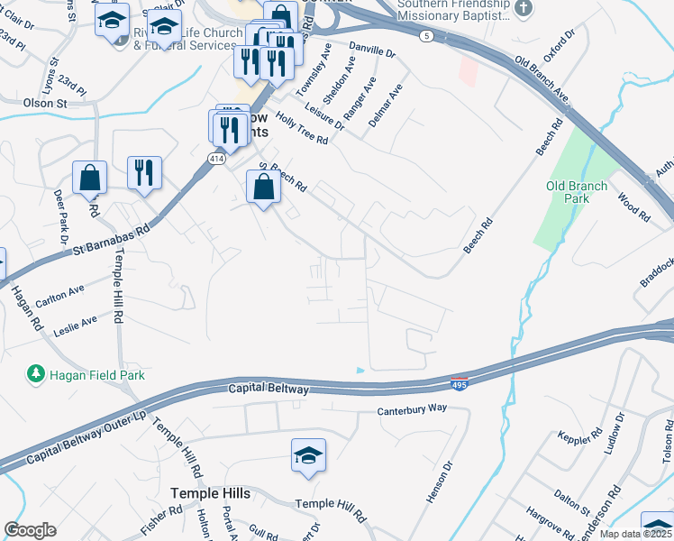map of restaurants, bars, coffee shops, grocery stores, and more near 4881 Stamp Road in Temple Hills
