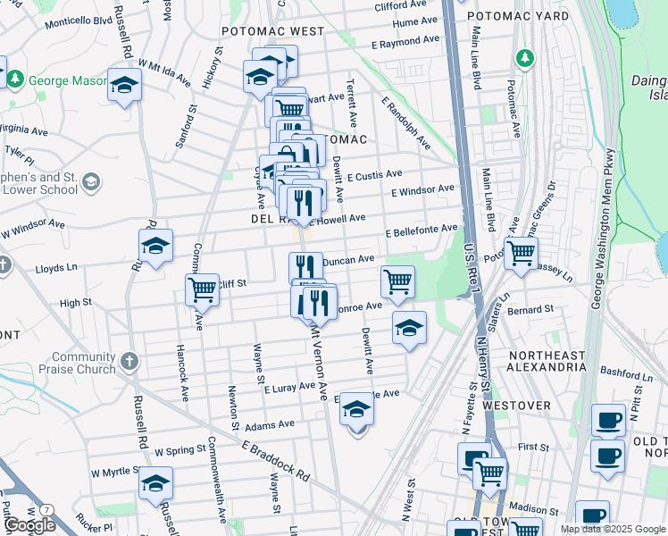 map of restaurants, bars, coffee shops, grocery stores, and more near 215 East Duncan Avenue in Alexandria