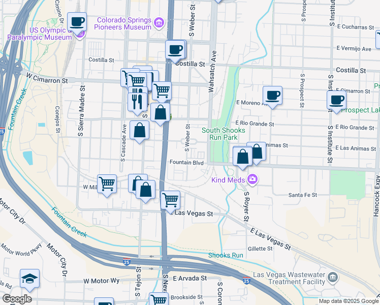 map of restaurants, bars, coffee shops, grocery stores, and more near 821 South Weber Street in Colorado Springs