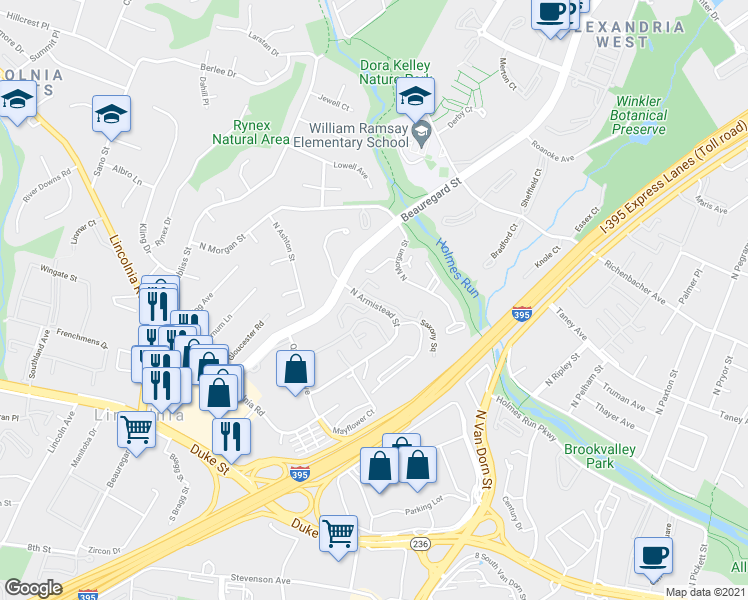map of restaurants, bars, coffee shops, grocery stores, and more near 491 North Armistead Street in Alexandria