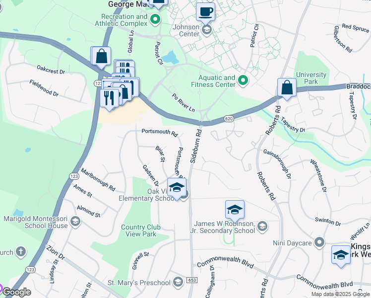 map of restaurants, bars, coffee shops, grocery stores, and more near 5018 Portsmouth Road in Fairfax