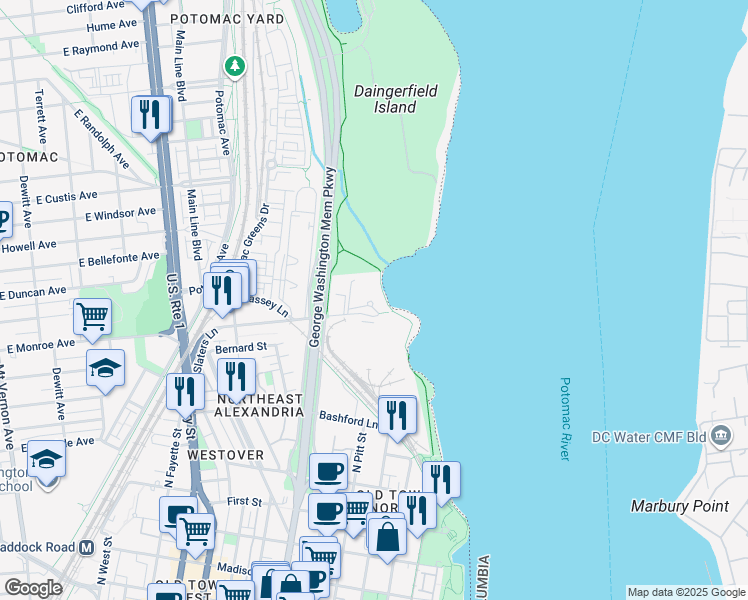 map of restaurants, bars, coffee shops, grocery stores, and more near 501 Slaters Lane in Alexandria