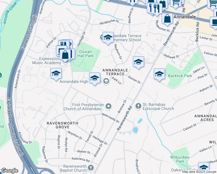 map of restaurants, bars, coffee shops, grocery stores, and more near 4700 Medford Drive in Annandale