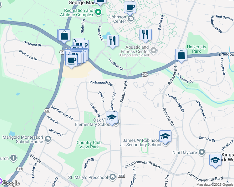 map of restaurants, bars, coffee shops, grocery stores, and more near 5018 Portsmouth Road in Fairfax