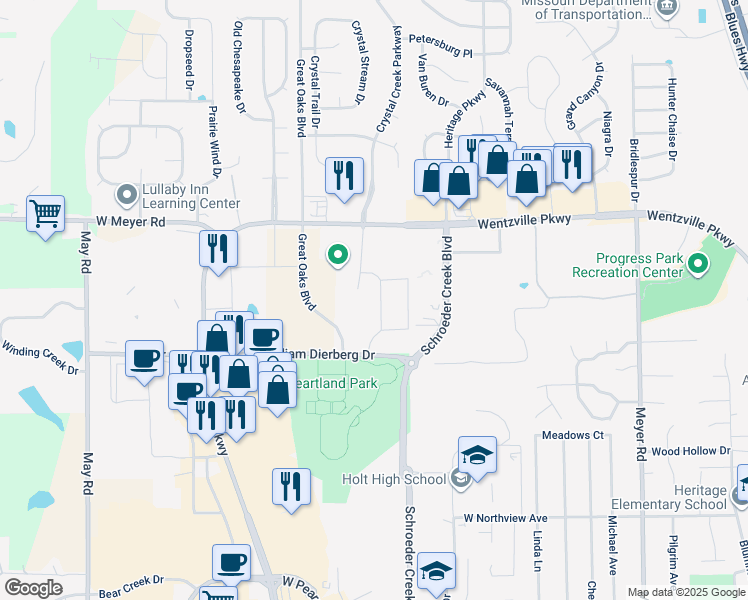 map of restaurants, bars, coffee shops, grocery stores, and more near 1000 Heartland View Drive in Wentzville