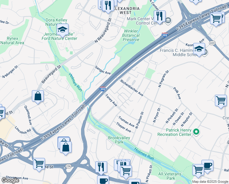 map of restaurants, bars, coffee shops, grocery stores, and more near 5402 Taney Avenue in Alexandria