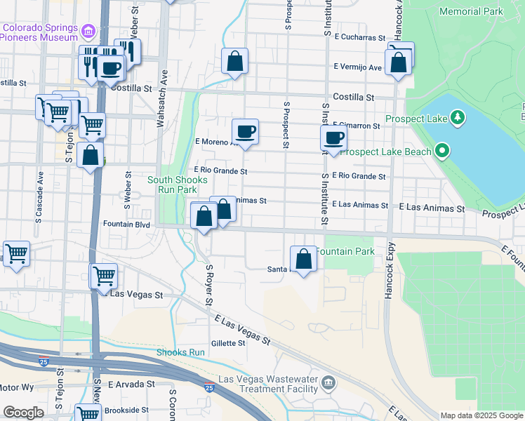 map of restaurants, bars, coffee shops, grocery stores, and more near 718 East Las Animas Street in Colorado Springs