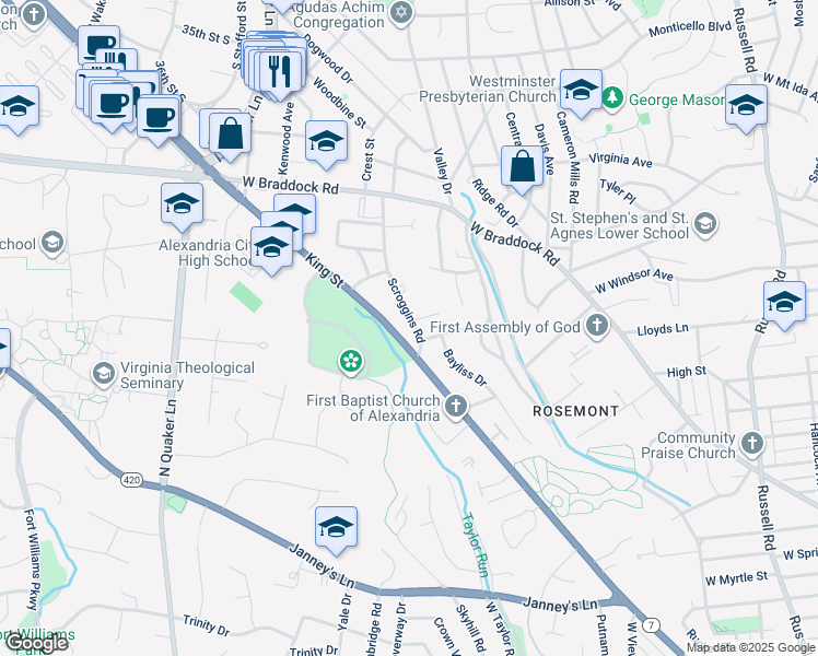map of restaurants, bars, coffee shops, grocery stores, and more near 2006 Scroggins Road in Alexandria