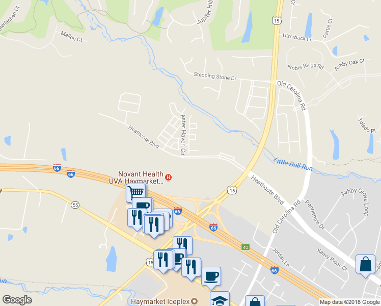 map of restaurants, bars, coffee shops, grocery stores, and more near 6321 Iris Meadow Lane in Haymarket