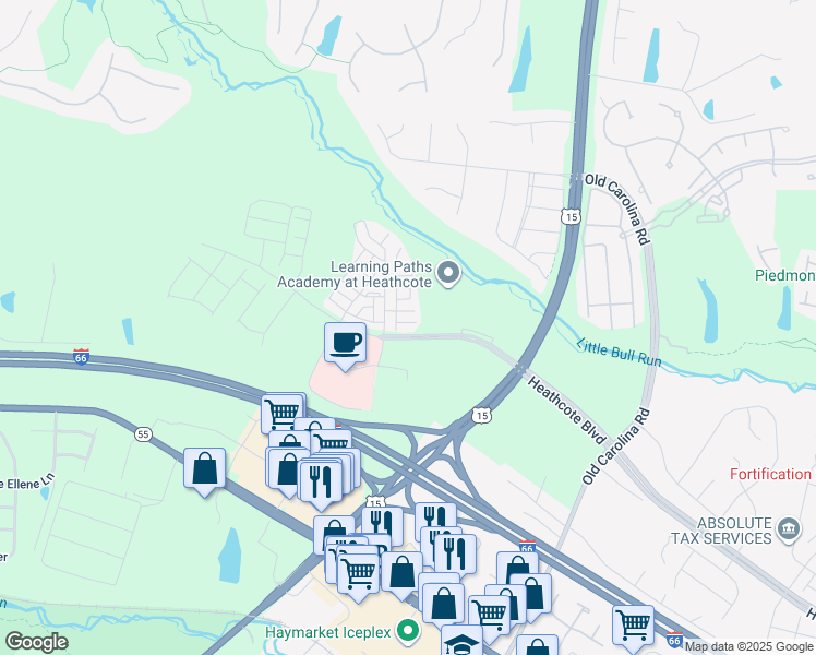 map of restaurants, bars, coffee shops, grocery stores, and more near 6305 Iris Meadow Lane in Haymarket