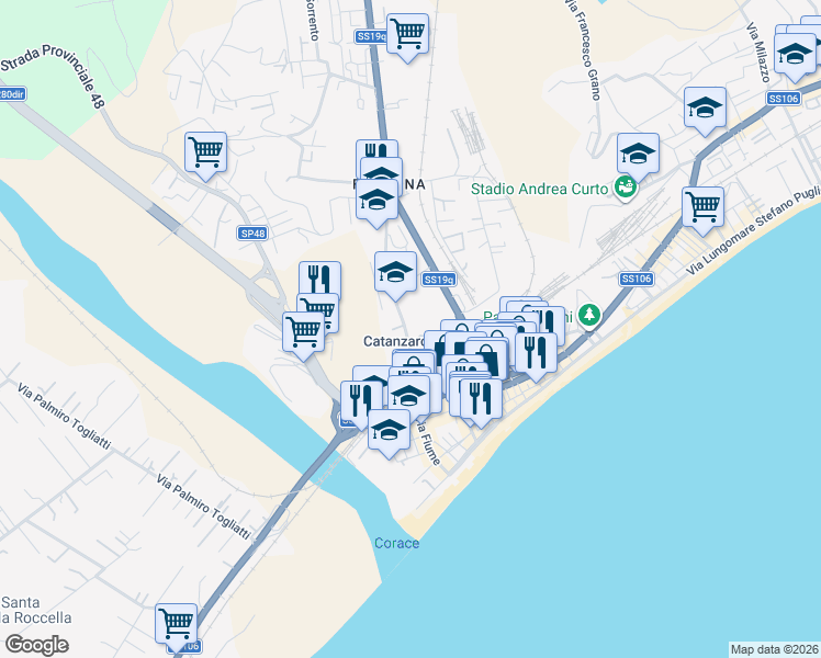 map of restaurants, bars, coffee shops, grocery stores, and more near 52 Via Nazionale in Catanzaro