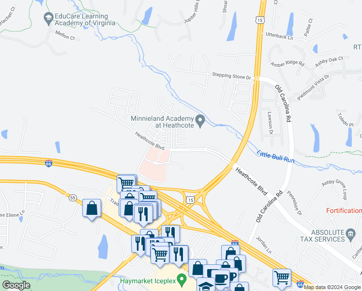 map of restaurants, bars, coffee shops, grocery stores, and more near 6311 Iris Meadow Lane in Haymarket