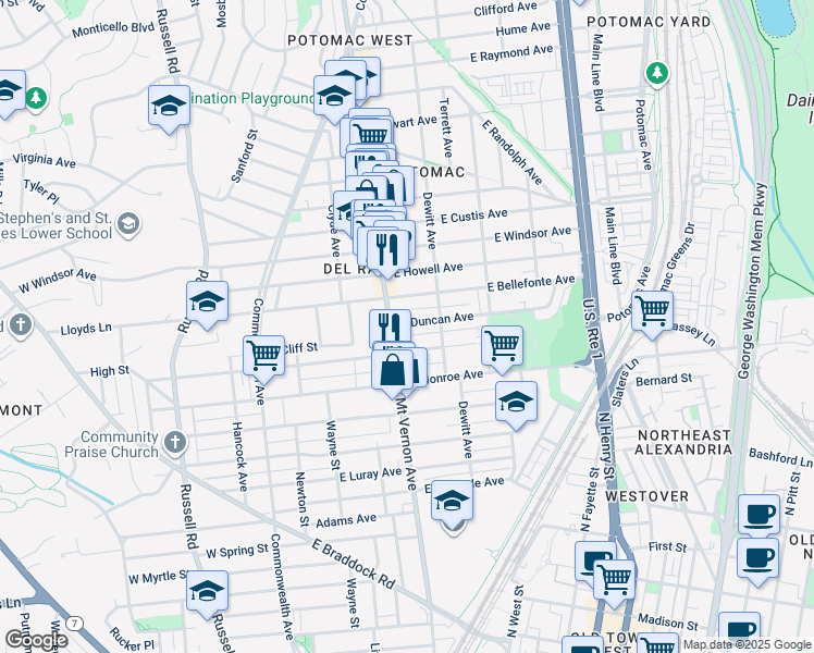 map of restaurants, bars, coffee shops, grocery stores, and more near 203 East Duncan Avenue in Alexandria