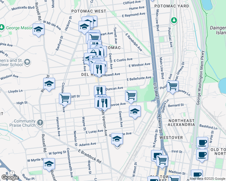 map of restaurants, bars, coffee shops, grocery stores, and more near 1706 Dewitt Avenue in Alexandria