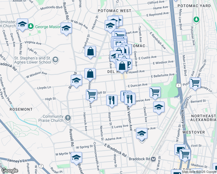 map of restaurants, bars, coffee shops, grocery stores, and more near 1745 North Cliff Street in Alexandria